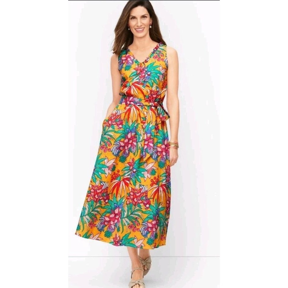 Talbots Tropical Floral V-Neck Midi Dress Sz 10 Yellow Pink Sleeveless Pockets